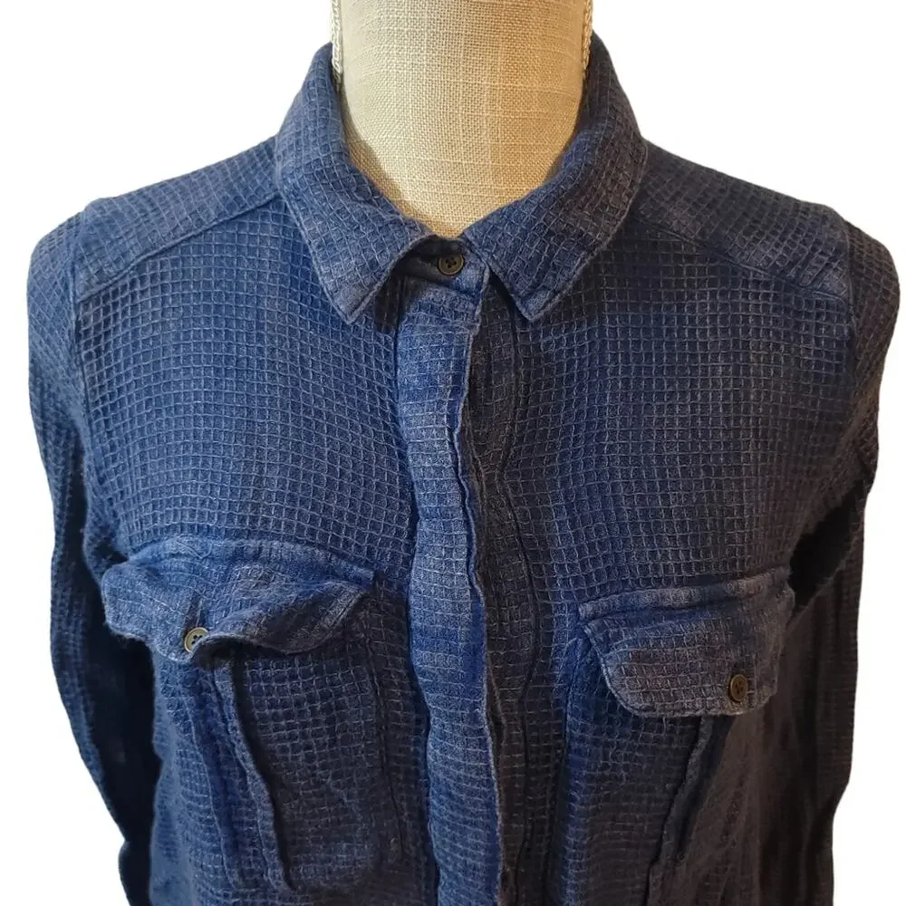 Free People One of the Guys Blue Waffle Knit Button Oversized Long Sleeve XS